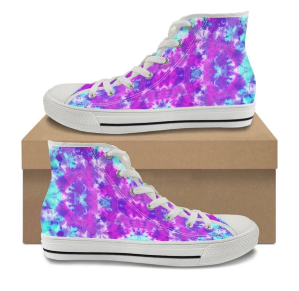 Aqua & Purple Tie Dye Kitty Kicks™️ CANVAS HIGH TOP SHOES **REQUEST A PREORDER INVOICE** ($5 deposit will be applied to your full invoice)
