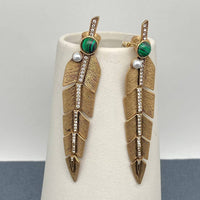 Mio Queena - Vintage Inlaid Malachite & CZ Leaves Feathers Post Earrings