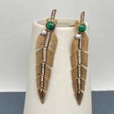 Mio Queena - Vintage Inlaid Malachite & CZ Leaves Feathers Post Earrings