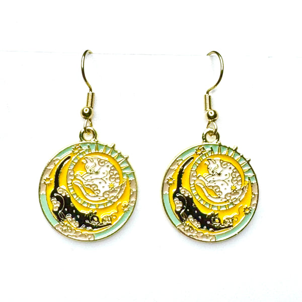 Amy Foxy Style Handmade Earrings - Cat Charms with Golden Hooks: Playful Black Cat and Sleeping White Cat Round Medallion