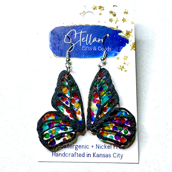 Stellar Gifts Black Frame Rainbow Pebble Butterfly Wing Dangle Earrings
