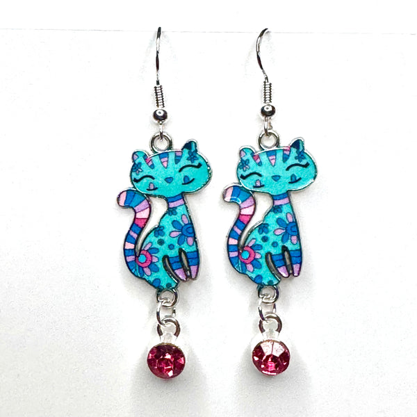 Amy Foxy Style Handmade Earrings - Double Dangle Artsy Cat Charms: Aqua with Pink Rhinestone