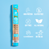 Beef BBQ seasoning package with health benefits icons on a blue background
