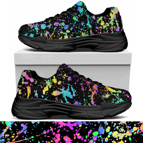 Black Background Paint Splatter Kitty Kicks™️ MODERN WALKING SHOES **REQUEST A PREORDER INVOICE** ($5 deposit will be applied to your full invoice)