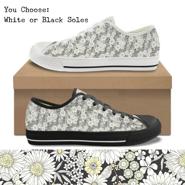 Retro Grayscale Flowers Kitty Kicks™️ CANVAS LOW TOP SHOES **REQUEST A PREORDER INVOICE** ($5 deposit will be applied to your full invoice)
