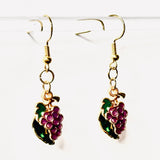 Amy Foxy Style Handmade Earrings - Small Grapes and Green Leaves Charms with Golden Hooks