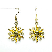 Amy Foxy Style Handmade Earrings - Rhinestone Enamel Celestial Charms with Golden Hooks: Yellow Suns