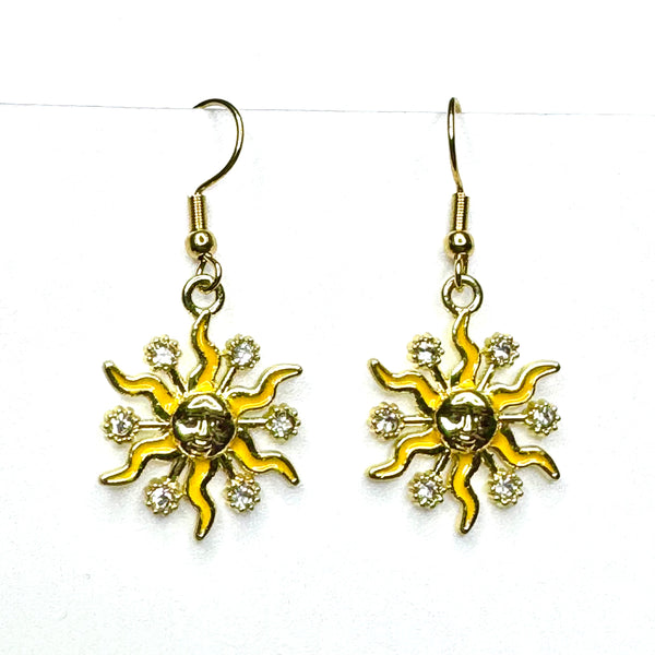 Amy Foxy Style Handmade Earrings - Rhinestone Enamel Celestial Charms with Golden Hooks: Yellow Suns