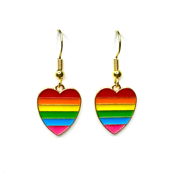 Amy Foxy Style Handmade Earrings - Rainbow Stripe Heart Charms with Golden Hooks