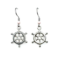 Amy Foxy Style Handmade Earrings - Small Nautical Pirate Steering Wheel Silver Charms