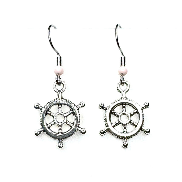 Amy Foxy Style Handmade Earrings - Small Nautical Pirate Steering Wheel Silver Charms
