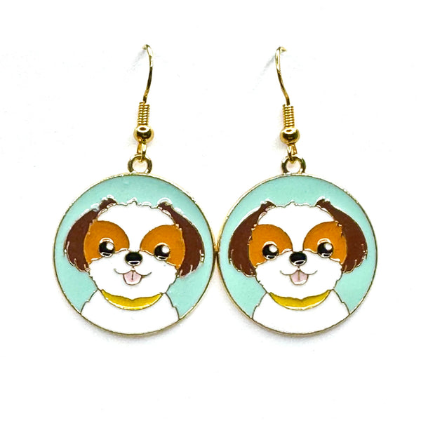 Amy Foxy Style Handmade Earrings - Happy Dog Puppy Charms with Golden Hooks: Cavachon