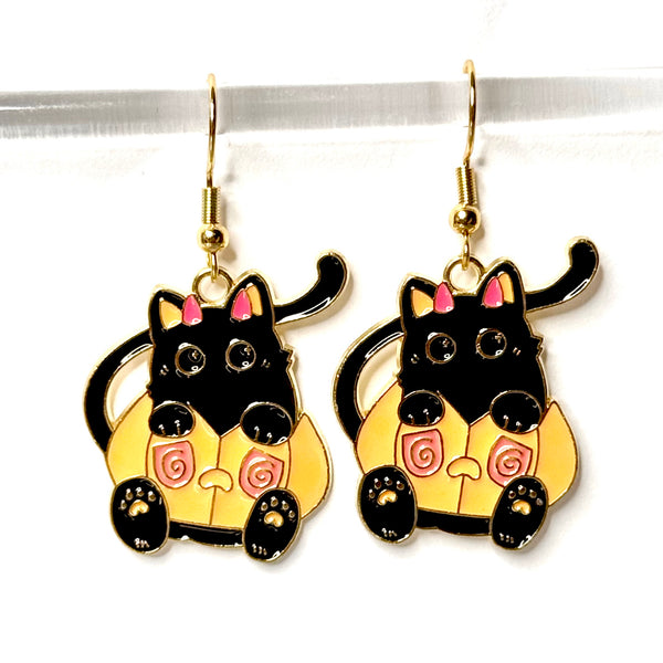 Amy Foxy Style Handmade Earrings - Cat Charms with Golden Hooks: Jack o’Lantern Pumpkin Black Cats