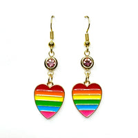 Amy Foxy Style Handmade Earrings - Double Dangle Rainbow Heart Charms with Golden Hooks: Light Pink Rhinestones