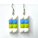 Amy Foxy Style Handmade Earrings - Toy Brick Building Block Charms: White, Sky Blue and Lime Green