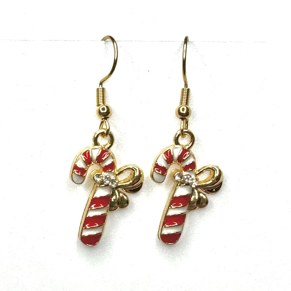 Amy Foxy Style Handmade Earrings - Holiday Charms with Golden Hooks: Small Red Candy Cane with Rhinestones