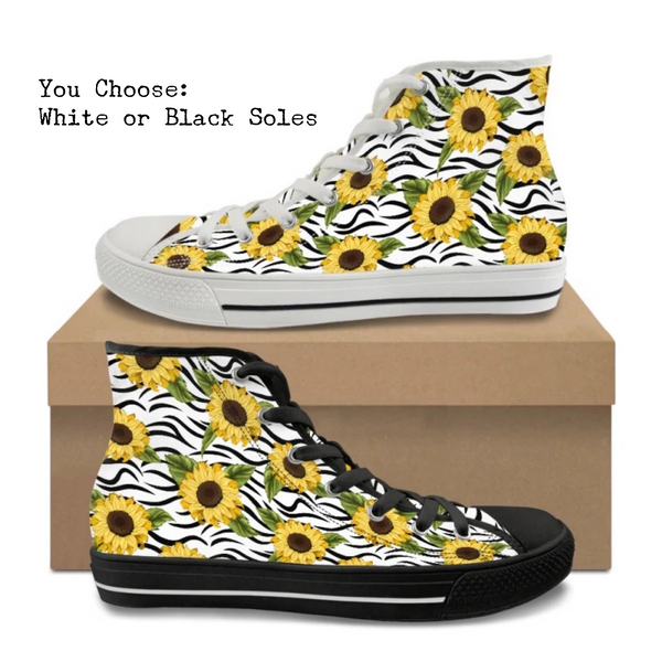 Zebra Sunflowers Kitty Kicks™️ CANVAS HIGH TOP SHOES **REQUEST A PREORDER INVOICE** ($5 deposit will be applied to your full invoice)