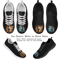 asymmetrical classic walking shoes where one shoe has the pumpkin king design and the other has the pumpkin queen design with your choice of white or black soles