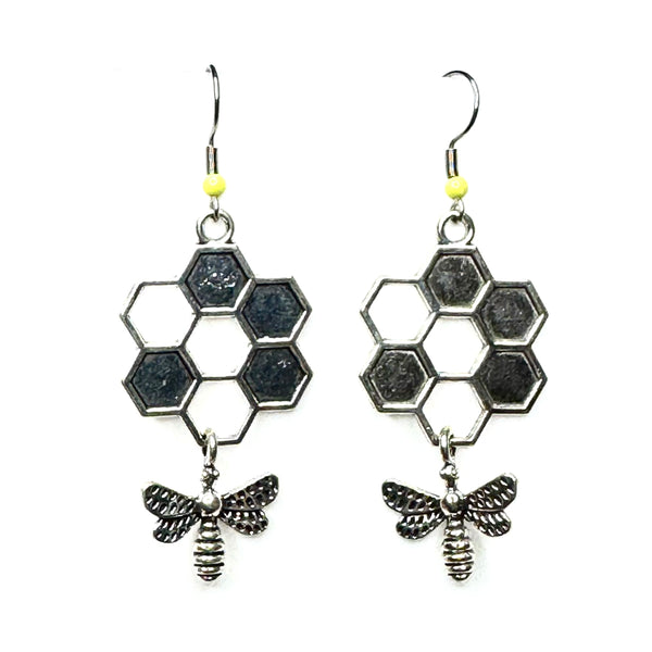 Amy Foxy Style Handmade Earrings - Honeycomb Bee Double Dangle Silver Charms
