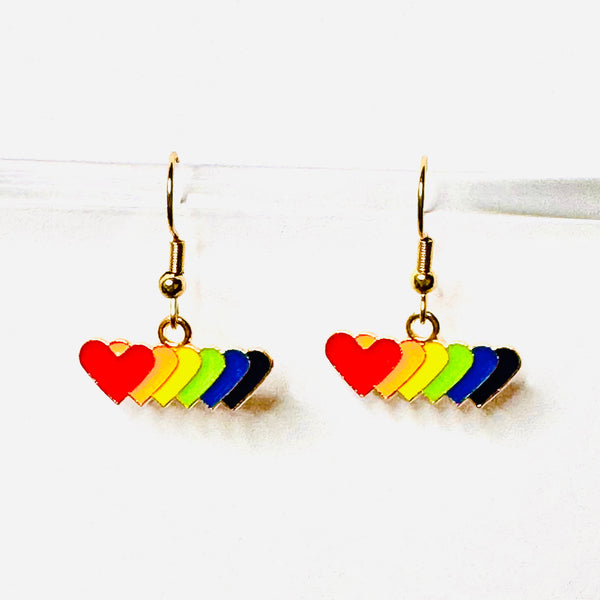 Amy Foxy Style Handmade Earrings - Row of Rainbow Hearts Charms with Golden Hooks
