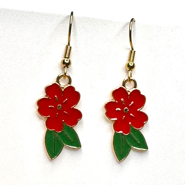 Amy Foxy Style Handmade Earrings - Cherry Blossom Flower Charms with Golden Hooks: Red