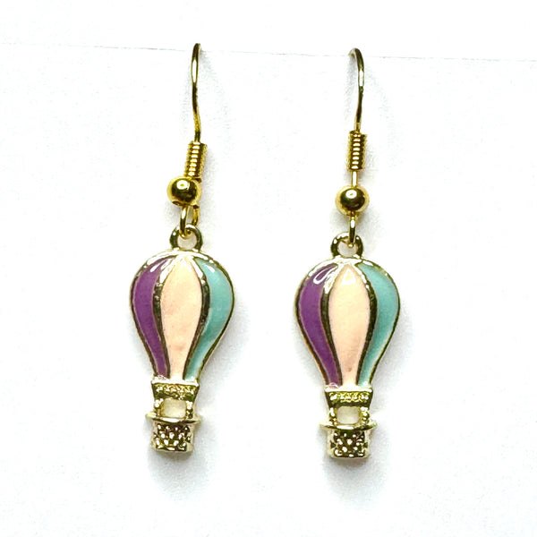 Amy Foxy Style Handmade Earrings - Hot Air Balloon Charms with Golden Hooks: Lilac, Light Peach, Sea Moss