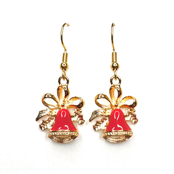Amy Foxy Style Handmade Earrings - Holiday Charms with Golden Hooks: Shiny Bells RED