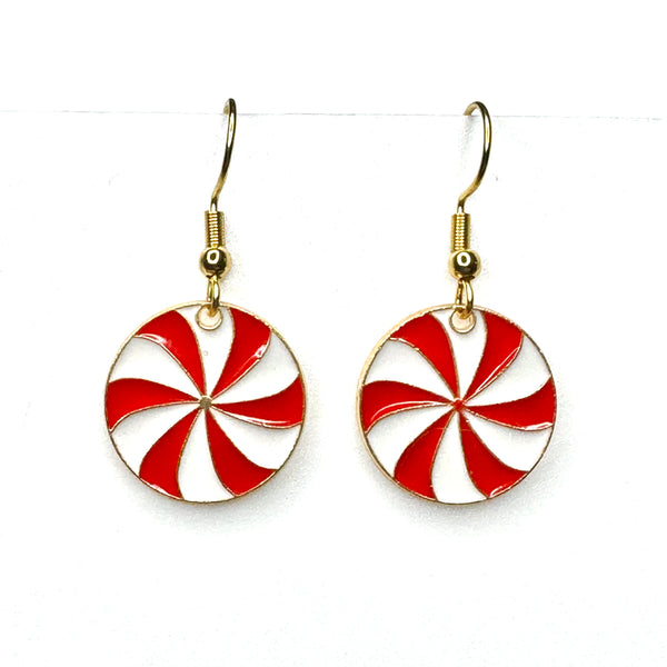 Amy Foxy Style Handmade Earrings - Holiday Charms with Golden Hooks: Peppermint Swirl Candy