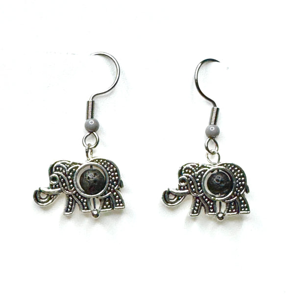 Amy Foxy Style Handmade Earrings - Filigree Elephants: Black Lava Center with Gray Accent Beads