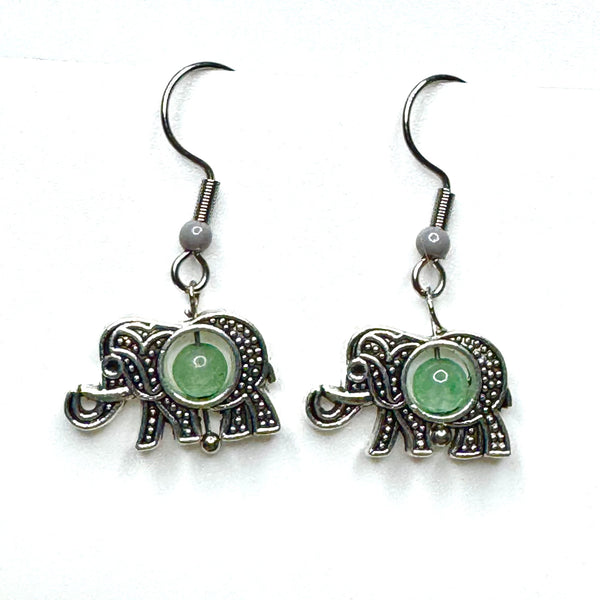 Amy Foxy Style Handmade Earrings - Filigree Elephants: Light Green Center with Gray Accent Beads