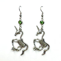 Amy Foxy Style Handmade Earrings - Unicorn Skeleton Charms: Double Dangle Light Green Rhinestones