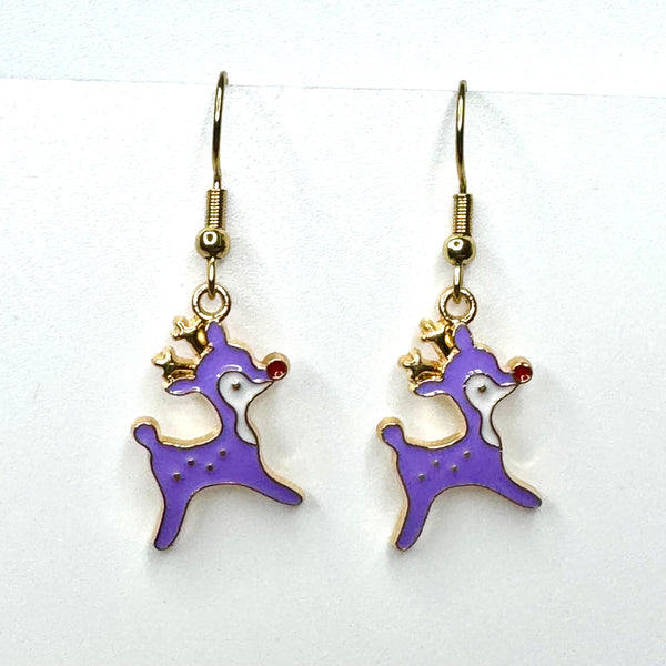 Amy Foxy Style Handmade Earrings - Holiday Charms with Golden Hooks: Vintage Reindeer PURPLE