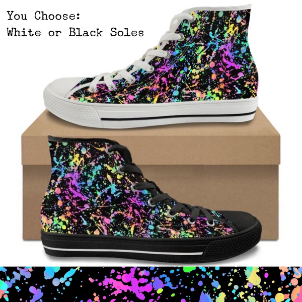 Black Background Paint Splatter CANVAS HIGH TOP SHOES **REQUEST A PREORDER INVOICE**
