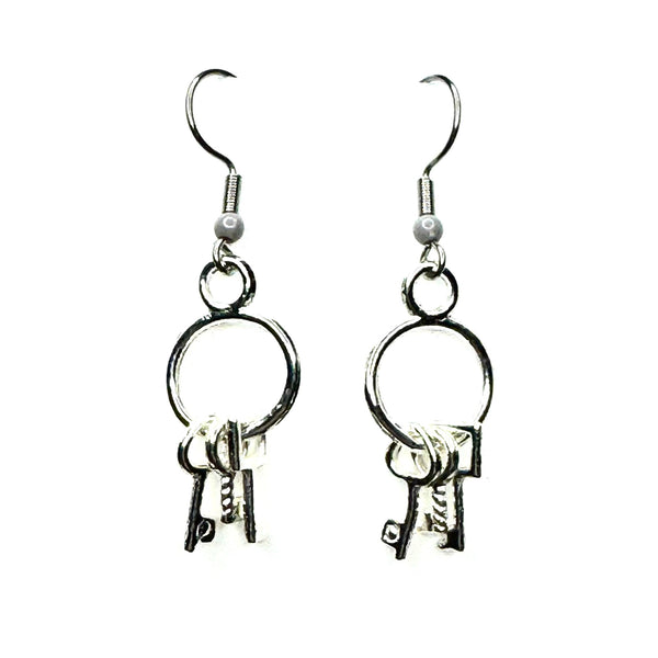 Amy Foxy Style Handmade Earrings - Tiny Keys on Ring Silver Charms