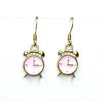 Amy Foxy Style Handmade Earrings - Alarm Clock Charms with Golden Hooks: Pink