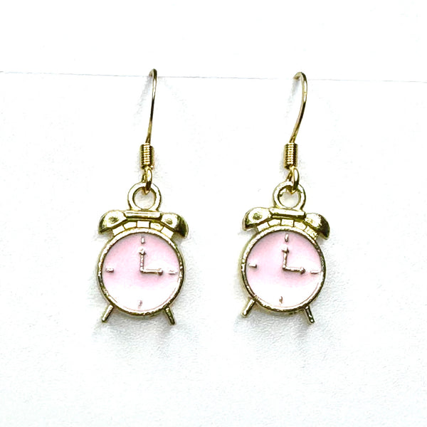 Amy Foxy Style Handmade Earrings - Alarm Clock Charms with Golden Hooks: Pink