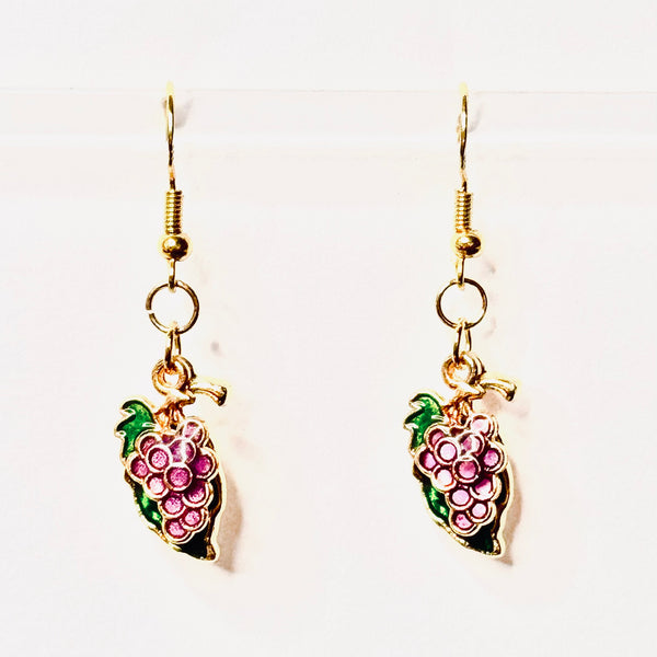 Amy Foxy Style Handmade Earrings - Small Grapes and Green Leaves Charms with Golden Hooks