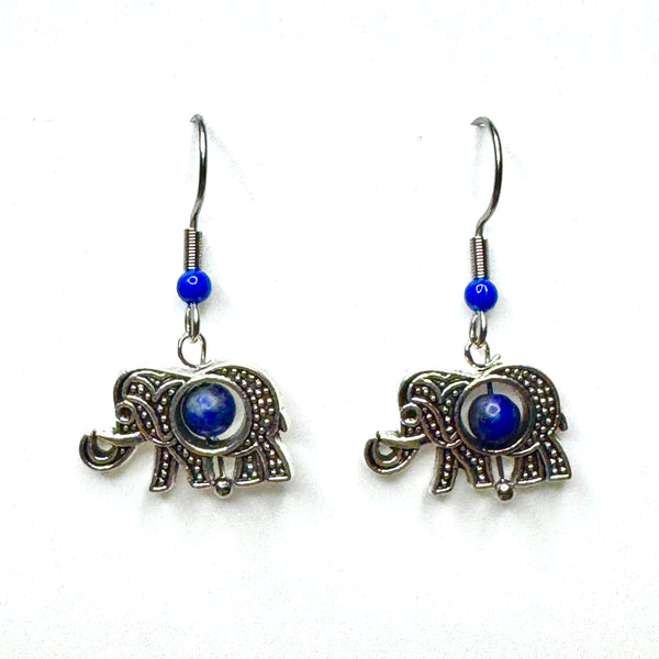 Amy Foxy Style Handmade Earrings - Filigree Elephants: Blue Center with Blue Accent Beads