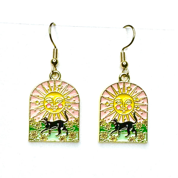 Amy Foxy Style Handmade Earrings - Cat Charms with Golden Hooks: Black Cat Under Sun Medallion