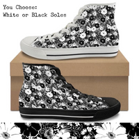 Black & White Flowers Kitty Kicks™️ CANVAS HIGH TOP SHOES **REQUEST A PREORDER INVOICE** ($5 deposit will be applied to your full invoice)