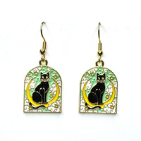 Amy Foxy Style Handmade Earrings - Cat Charms with Golden Hooks: Black Cat on Moon Medallion