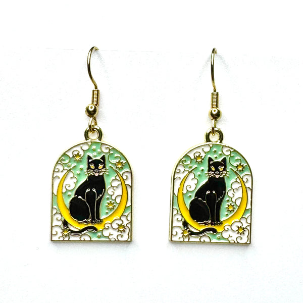 Amy Foxy Style Handmade Earrings - Cat Charms with Golden Hooks: Black Cat on Moon Medallion