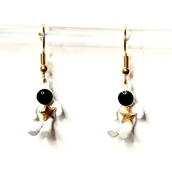Amy Foxy Style Handmade Earrings - Gold Star Sitting Astronaut Charms with Golden Hooks