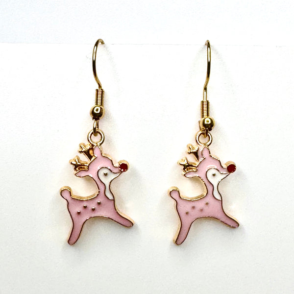 Amy Foxy Style Handmade Earrings - Holiday Charms with Golden Hooks: Vintage Reindeer PINK