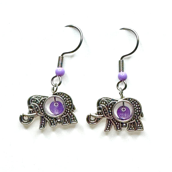 Amy Foxy Style Handmade Earrings - Filigree Elephants: Purple Center with Lavender Accent Beads