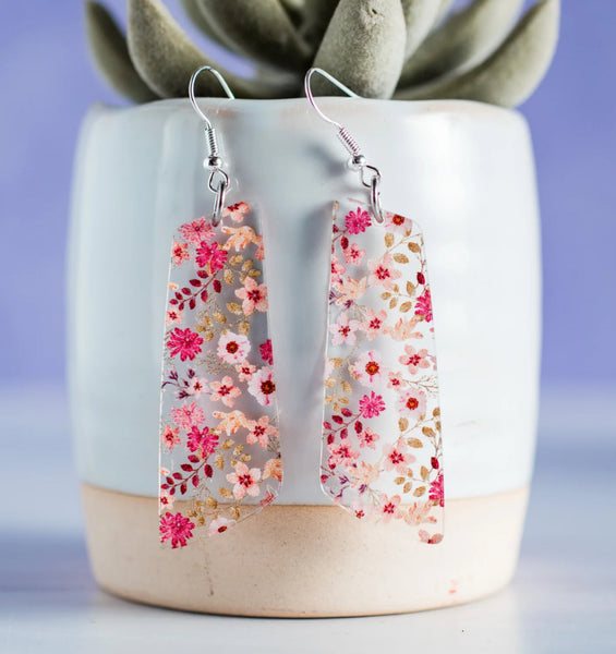 Stellar Gifts Pink Floral Asymmetrical Bar Dangle Earrings