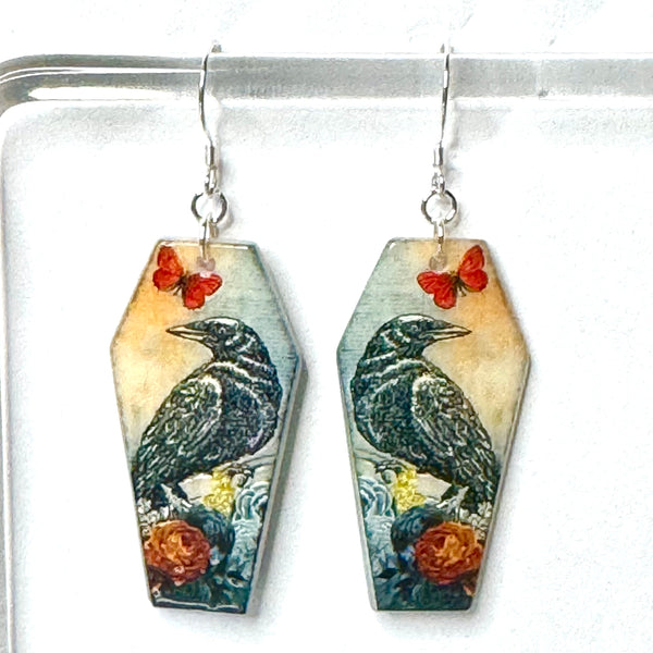 Amy Foxy Style Handmade Earrings - Painted Raven Coffin Charms