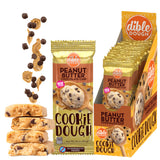 Dible Dough Peanut Butter Chocolate Chip cookie dough packaging with cookies displayed.