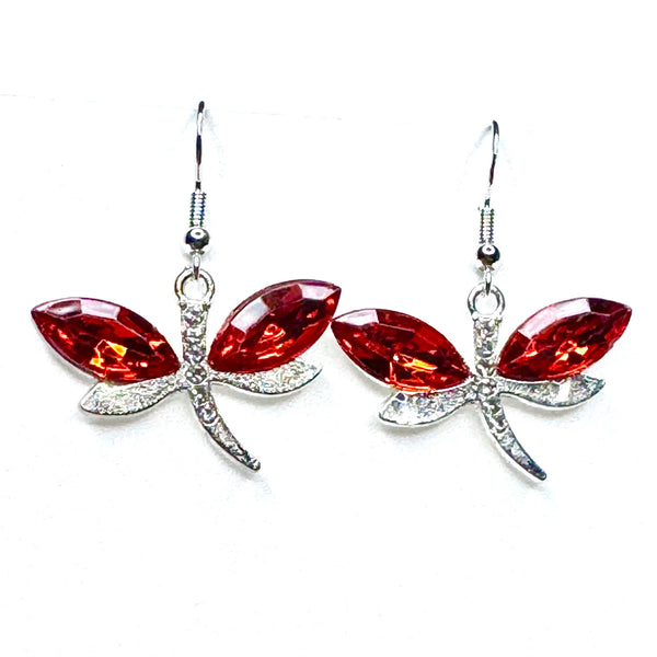 Amy Foxy Style Handmade Earrings - Sparkly Dragonfly Charms: Red