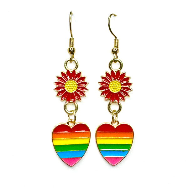 Amy Foxy Style Handmade Earrings - Double Dangle Daisy and Rainbow Heart Charms with Golden Hooks: Red Flower